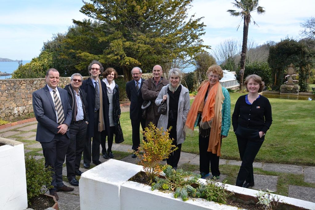 In the garden at Hauteville House, Hugo’s exile home on Guernsey, with Hugo specialists and friends Gérard Audinet, Alain Lecompte, Jean-Marc Hovasse, Sophie Hovasse, Gérard Pouchain, Jean Maurice, Florence Naugrette, and Odile Blanchette. Photo credit: Gérard Pouchain