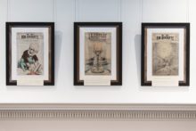 These three caricatures depicting Victor Hugo late in life hang over the mantel and can be seen straight ahead when visitors walk into the room.